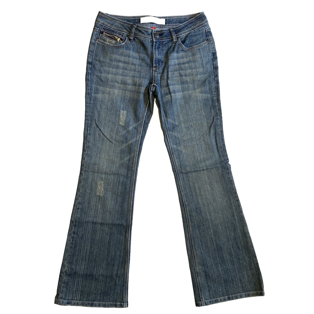 Mossimo Denim Womens Jeans 9 Bootcut 32x33 Distressed Low Rise Curvy Blue Denim